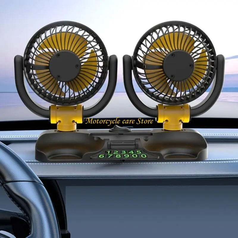 U75F Upgraded Double Head USB/12V/24V Fan for Car with Powerful Cooling 360Rotation, 2 Speed Desk Fan for Car Home