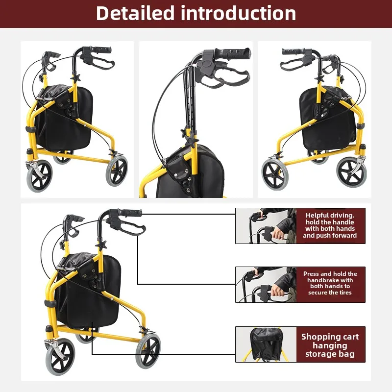 Elderly Shopping Cart,Three-wheeled Hand Carts, Buy Food Walkers Brake Storage Bag Double Handle Multi Functional Walking Device