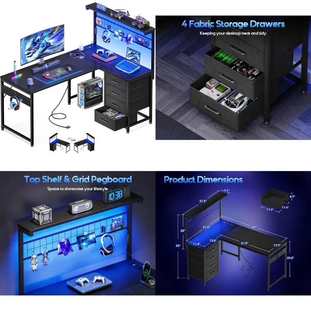 Escritorio para juegos en forma de L con luz LED, escritorio para computadora reversible 43, mesa de oficina en casa con estante y aparador