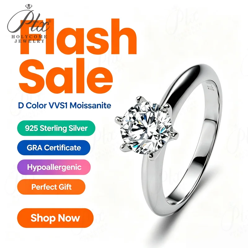 Moissanite Ring 1CT Round Cut D Color VVS1 GRA Certified 925 Silver Anti-allergy Fade Resistant Women Wedding Ring On Sale