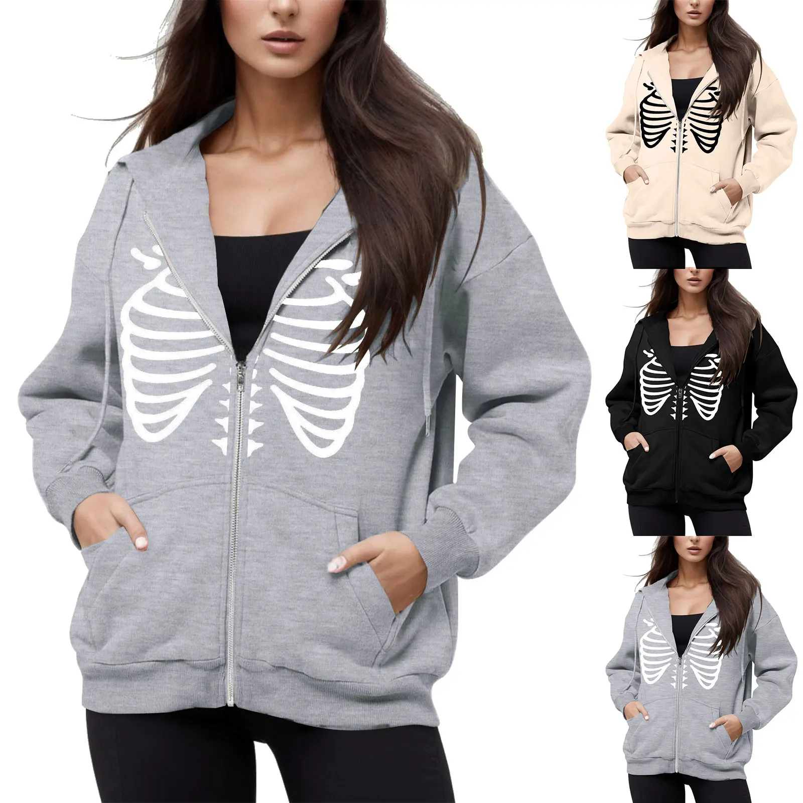 

Y2K Skeleton Hoodies Women 2023 Gothic Zip Up Oversized Sweatshirt Retro Harajuku Streetwear Jacket Casual Tops