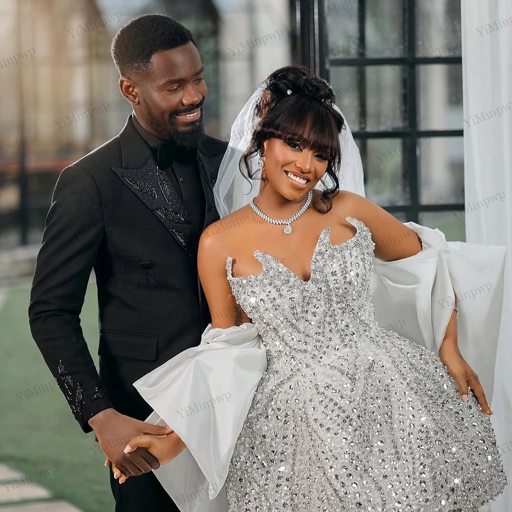 Luxury Short Wedding Dresses for Bride with Cape Corset Crystal Sequins Africa After Party Wedding Reception Dress Customized view 6