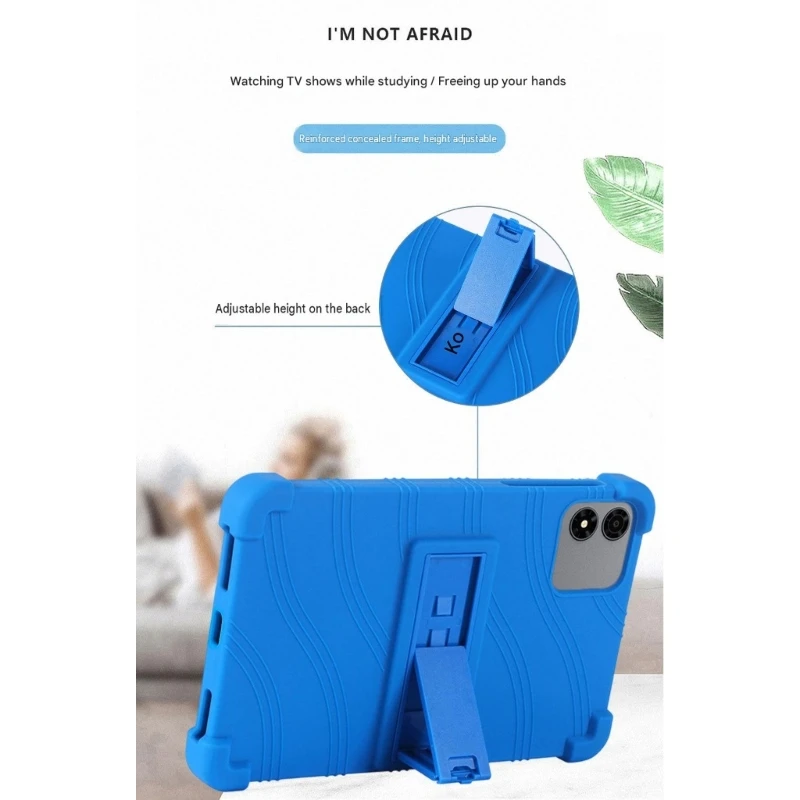 Silicone Tablet Cover with Back and Raised Corner Coverage, Open-Front Access, Textured Grip, and a Fold-Out Rear Stand D2RC