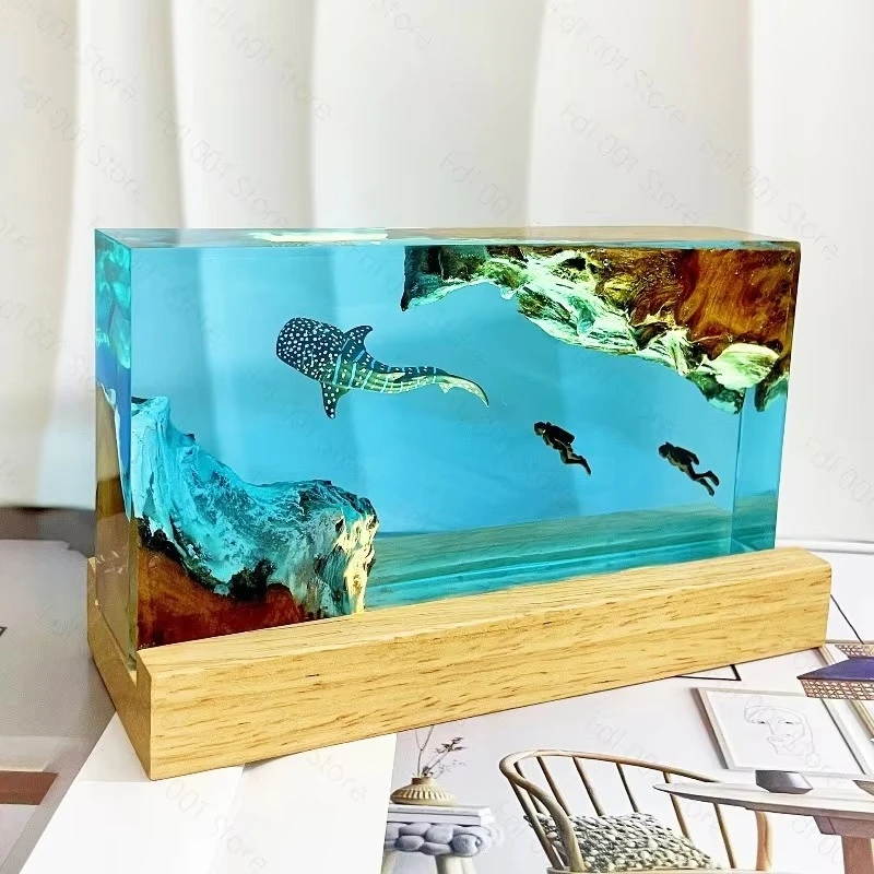 Whale shark and diver, resin night light, scuba diving deep sea exploration personalized wood lamp home decoration gift