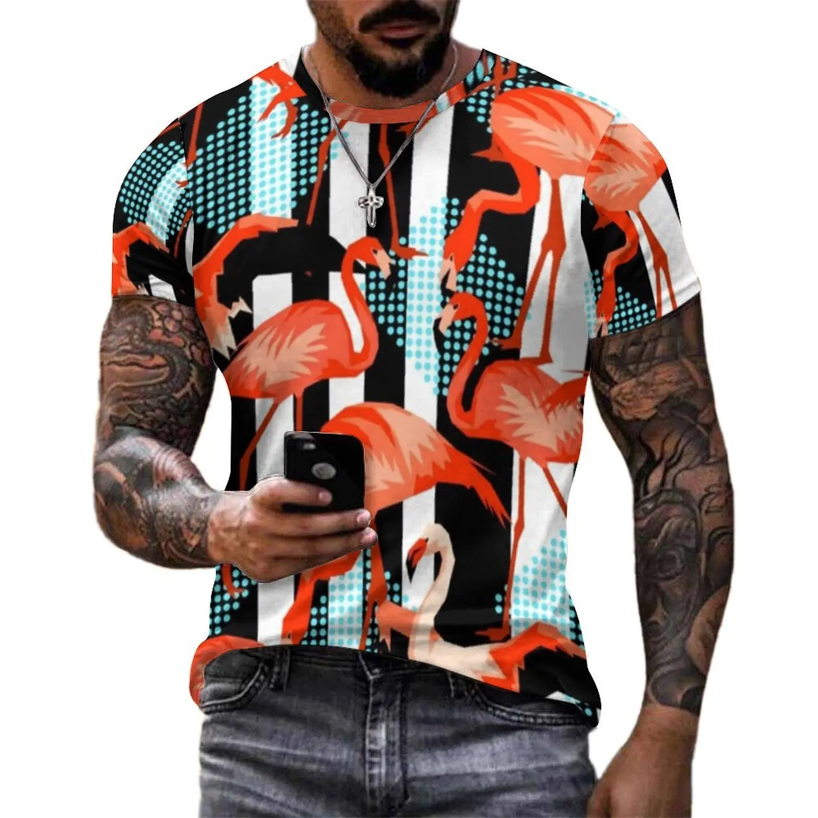 Summer T Shirt Tropical Flamingo T Shirts Striped Print Funny Fashion Tees For Male Short Sleeve Pattern Oversized Tops