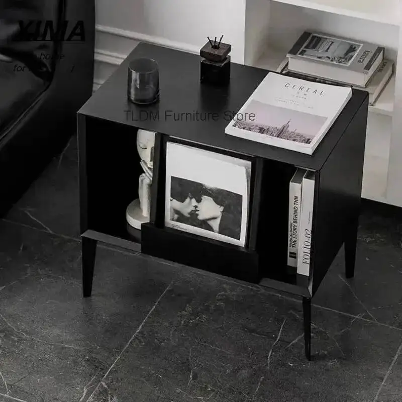 Modern Minimalist Side Table with Magazine Rack Open Storage Compartments End Table with Metal Legs for Living Room Bedroom