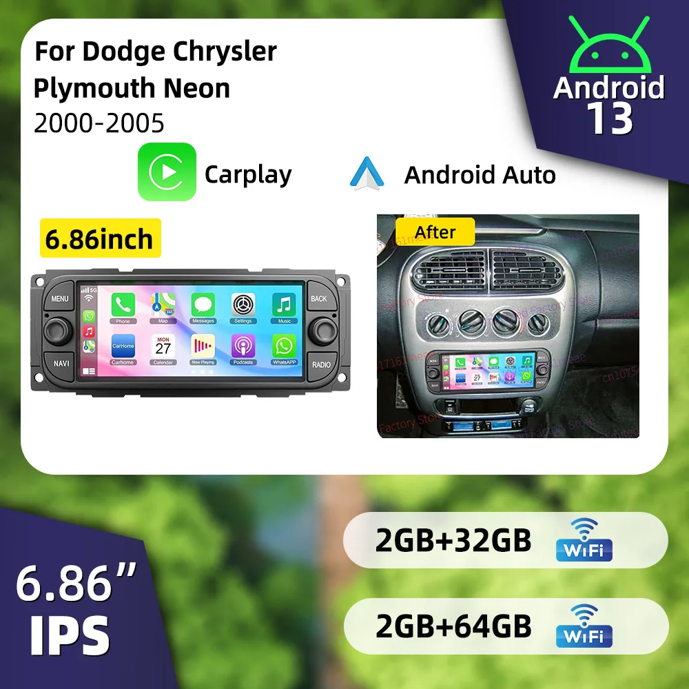 Radio Estéreo 1Din con Sistema Android para Auto, Multimedia para Dodge Chrysler Plymouth Neon 2000-2005, Pantalla de 6.86 Pulgadas, Carplay, Autoradio, GPS