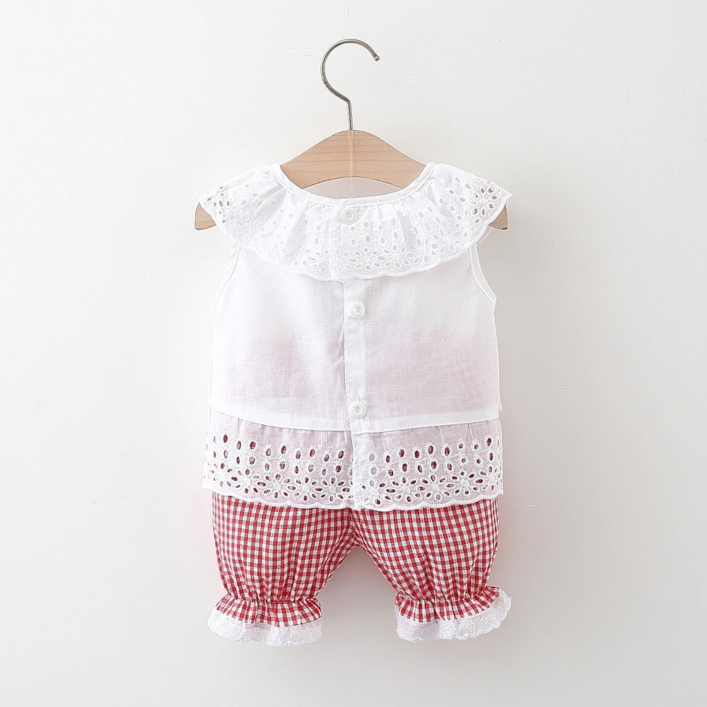 2PCS Summer New Girl Baby Short Sleeve Top+plaid Shorts Two Piece Set Girls\' Clothing