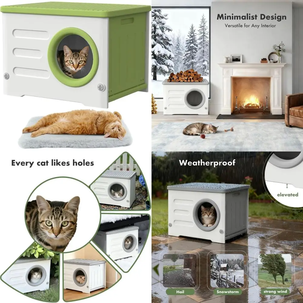 

Всепогодный штабелируемый пластиковый уличный домик для кошек, утепленный приподнятый домик с подушкой для бездомных кошек (зеленый)