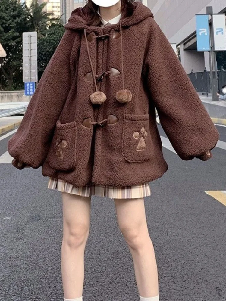 Japanese Style Autumn Winter Women Sweet Lamb Wool Jacket Kawaii Soft Bear Ears Hooded Coats Girls New Cute Outwear