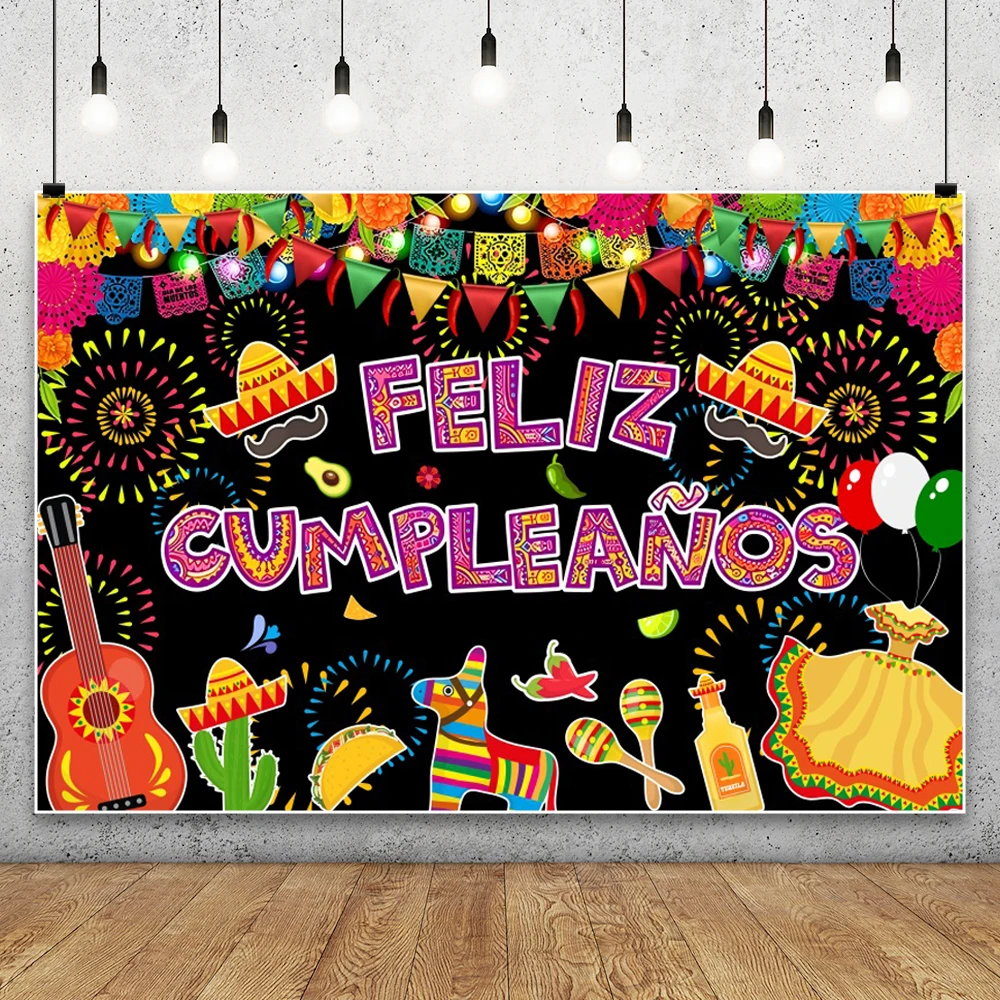 Mexican Fiesta Themed Happy Birthday Backdrop Mexico Cinco De Mayo Party Decorations Carnival Supplies Photo Booth Background