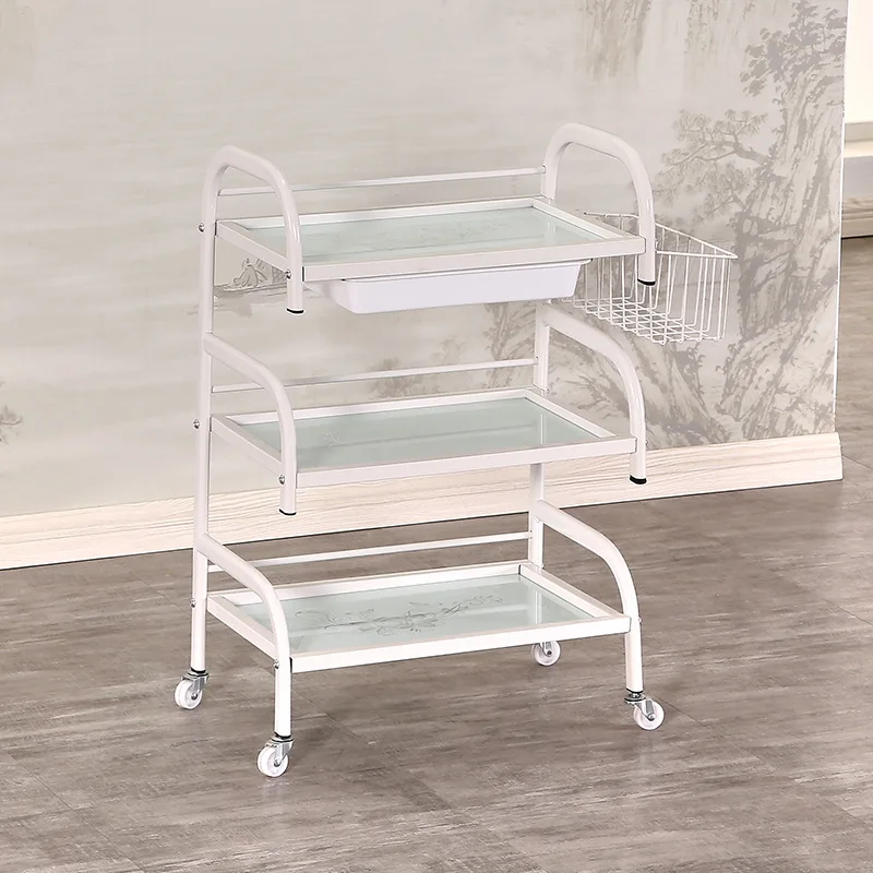 Multi functional embroidered hair and beauty cart with three layers of glass surface storage rack, beauty salon tool cart