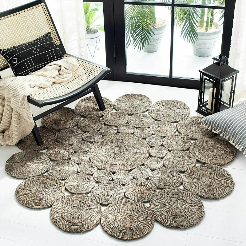 Grey Rug 100% Natural Jute Round Rug Braided Style Reversible Rustic Look Rug