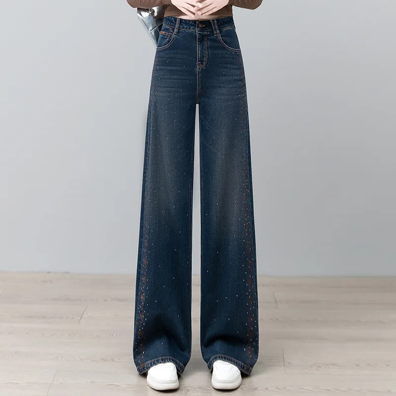 

Широкие джинсы с вышивкой и стразами по бокам, новые осенние модные трендовые повседневные прямые брюки для женщин