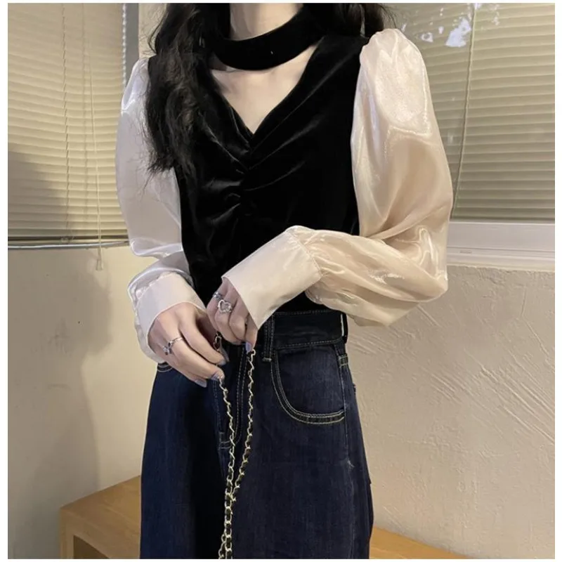 Camicia a maniche lunghe con scollo a V e scollo all'americana in velluto da donna Top a maniche lunghe autunno inverno