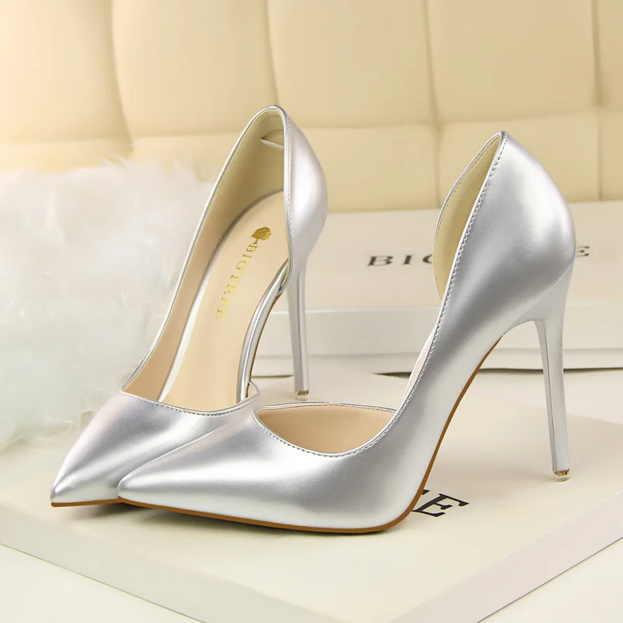 Women 7.5cm 10.5cm High Heels Yellow Pumps Office Sexy Stiletto Wedding Bridal Scarpins Low Heels Lady Orange Silver Party Shoes