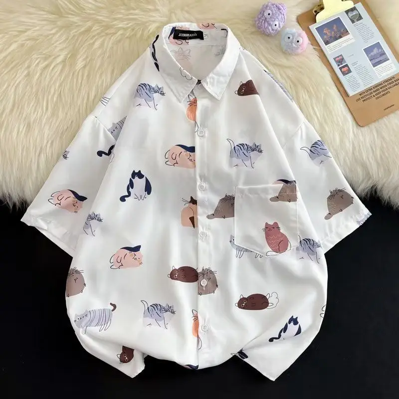 Summer Hong Kong style short-sleeved Korean style trendy student printed shirt Japanese loose shirt men\'s jacket men clothing