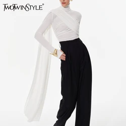 TWOTWINSTYLE asymetryczna wyszczuplająca koszulka dla kobiet O Neck z długim rękawem łączona przezroczysta siateczka wyszczuplająca koszulka damska moda nowość