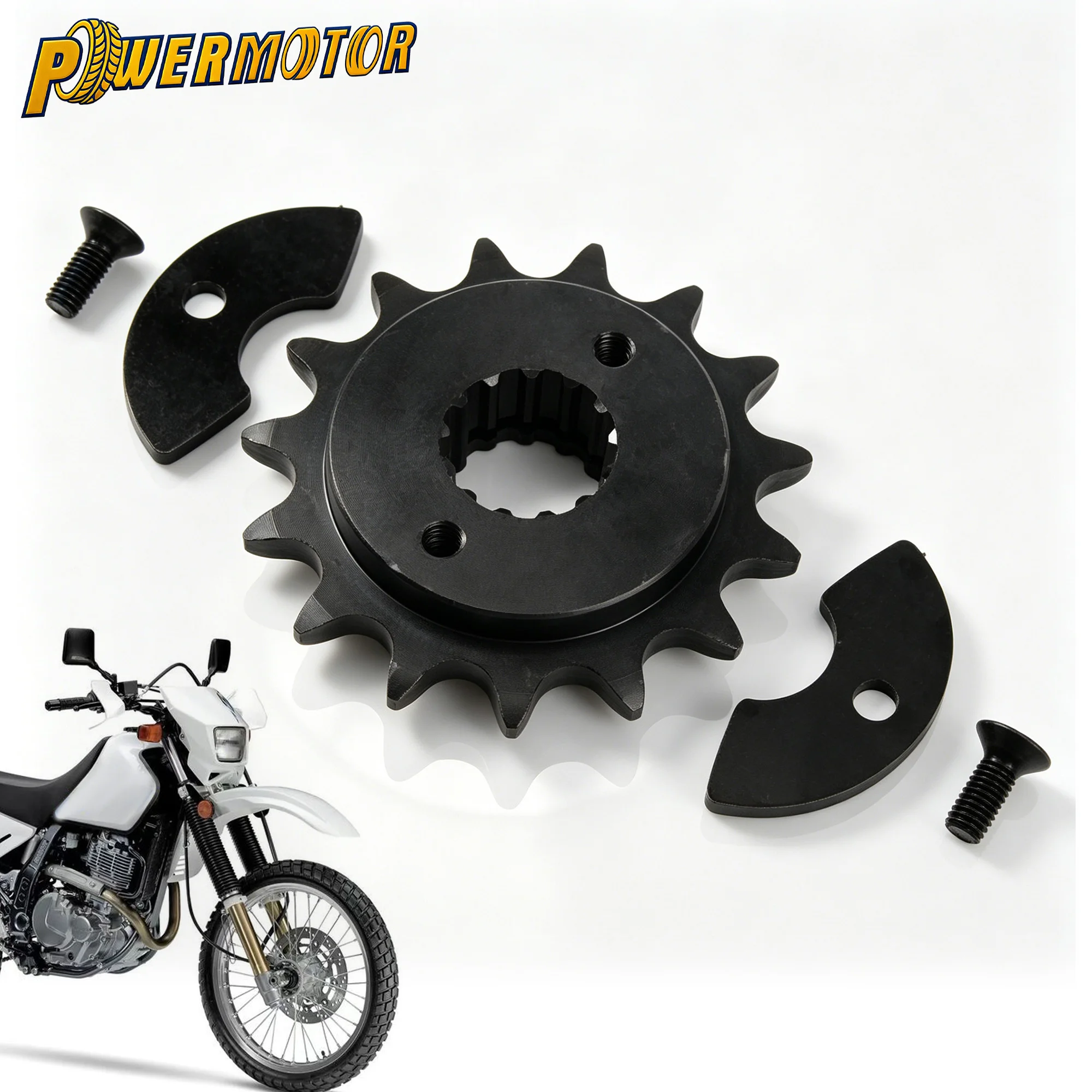Для мотоцикла Honda XR650L 1993-2024: передняя ведущая звездочка с фиксирующей пластиной, крепежными болтами и ремкомплектом цепной звездочки