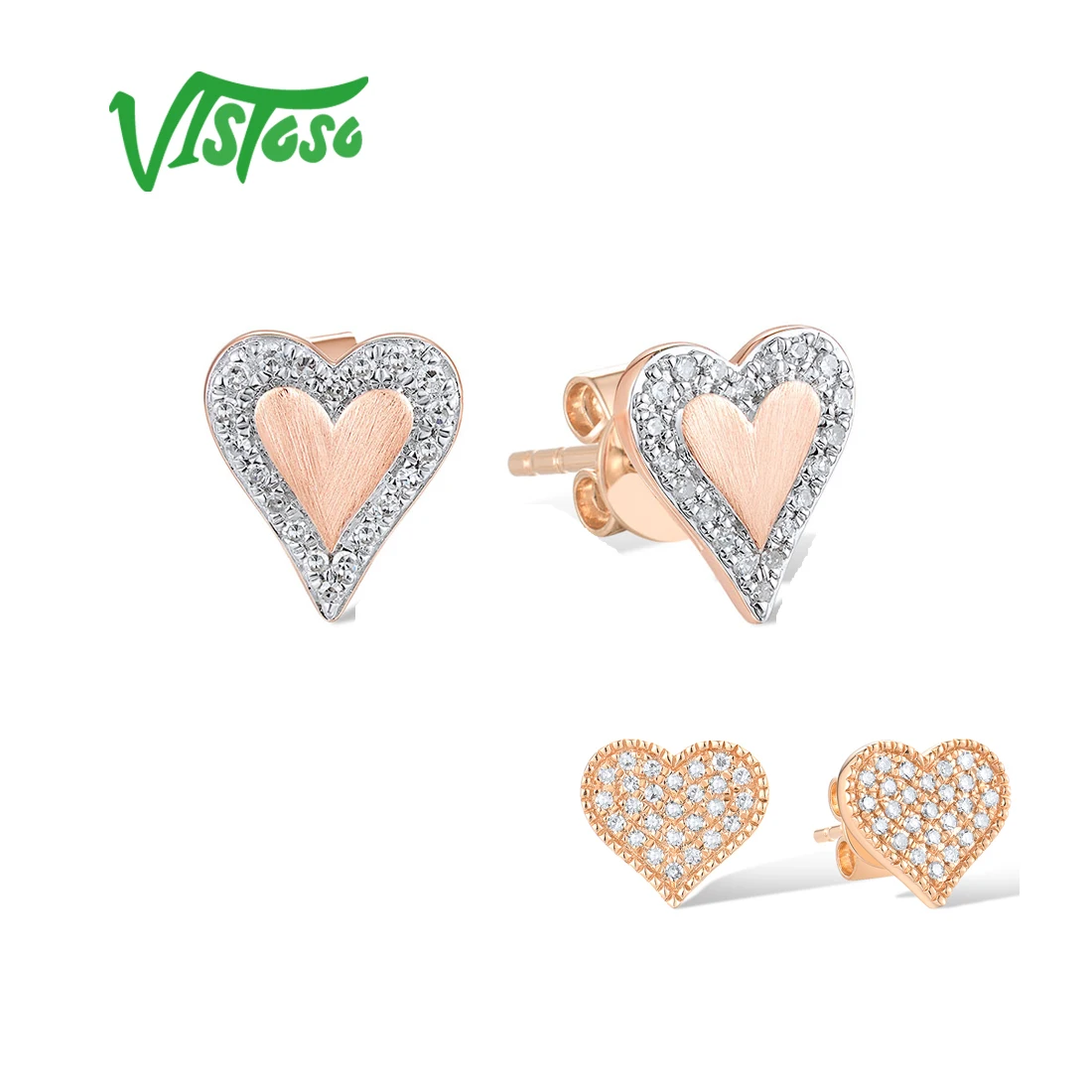 

VISTOSO Authentic 14K 585 Rose Gold Stud Earrings For Women Sparkling Diamonds Sweat Love Heart Wedding Gifts Chic Fine Jewelry