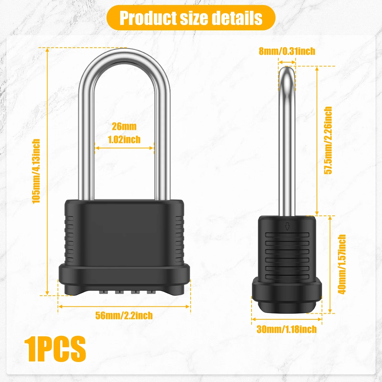 4 Digit Long Shackle Combination Padlock High Strength Zinc Alloy Resettable Password No Battery Security Lock for Gate Garage T