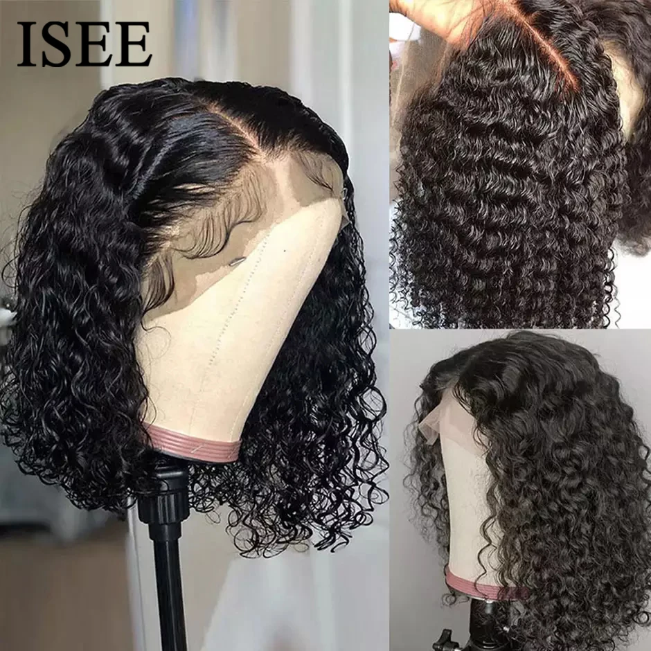 ISEE HAIR Short Bob Wig Peruvian Water Wave  4x4 HD Transparent Lace Closure Wig Deep Curly 13x4 Lace Front Human Hair Wigs