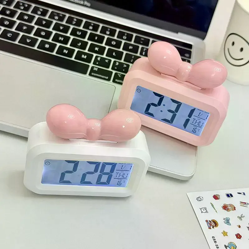 LED Digital Clock Bowknot Temperature Detection Alarm Clock Cute Gift With Night Light Mini Desktop