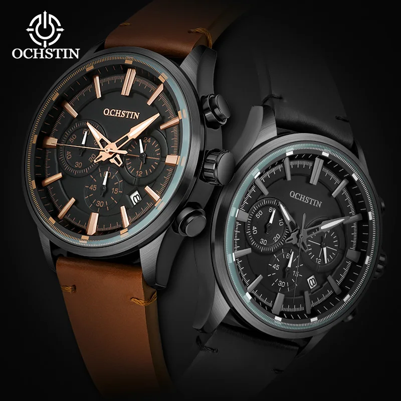 

OCHSTIN Fashion Casual Men Creative Design Chronograph Wristwatches Leather Military Quartz Clock Male New Luxury Brand Watches