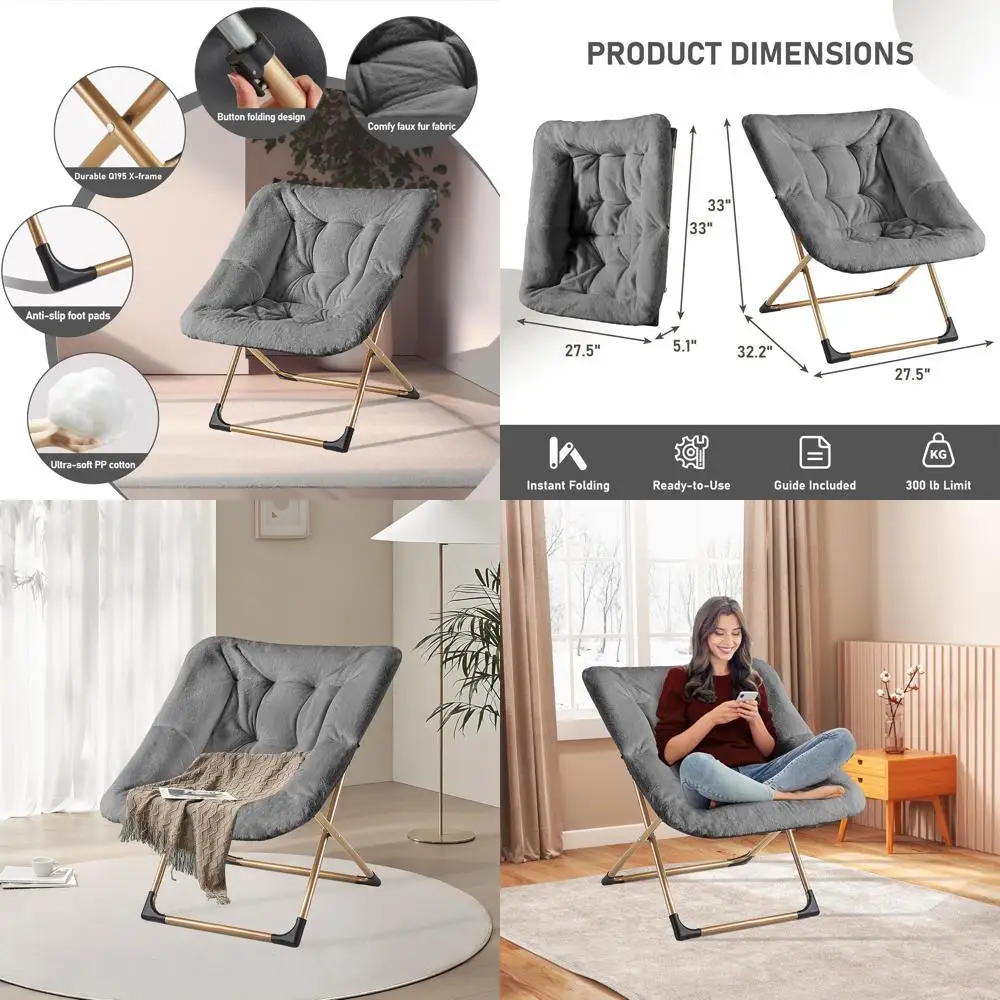 

Oversized Faux Fur Reading Lounge Chair - Adult Comfort, X-Large Metal Frame, Non-Slip Pad, Foldable for Bedrooms, Living Rooms,