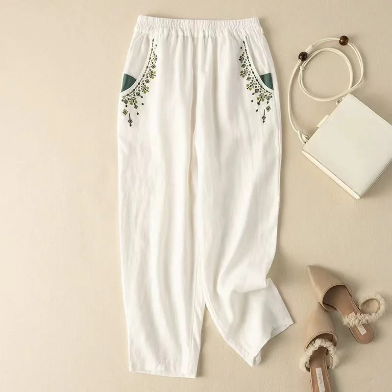 Cotton Linen High Waist Embroidered Harem Pants Female Summer New Retro Literature Loose Fashion Casual Nine-Point Pants Z505