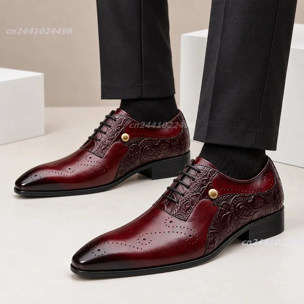 Embossed Floral Pattern Pointed Toe Lace Up Men Oxford Shoes Brogue Metal Button Decor, Low Heel Dress Footwear For Formal Event