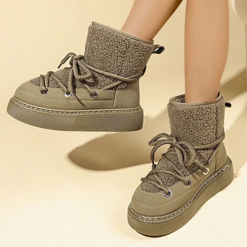 Winter Women Snow Boots Warm Fur Platform Casual Shoes High Quality Plush Boots Lace Up Outdoor High Top Shoes Plus Size 36-43