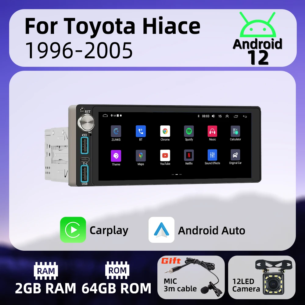 

Carplay 1-диночное радио Android автомобильное мультимедиа для Toyota Hiace 1996-2005 6,86-дюймовый экран стерео головное устройство авторадио GPS-навигация