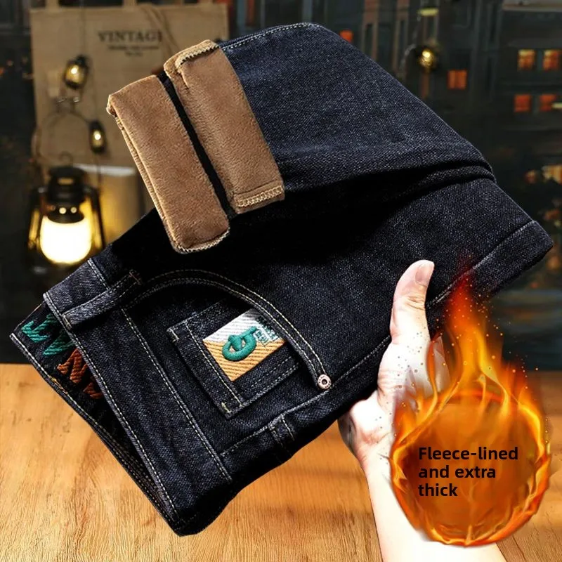 

Winter jeans men's 2026 new embroidered printed men's clothing with thick velvet, slim fit, elastic and warm long pants