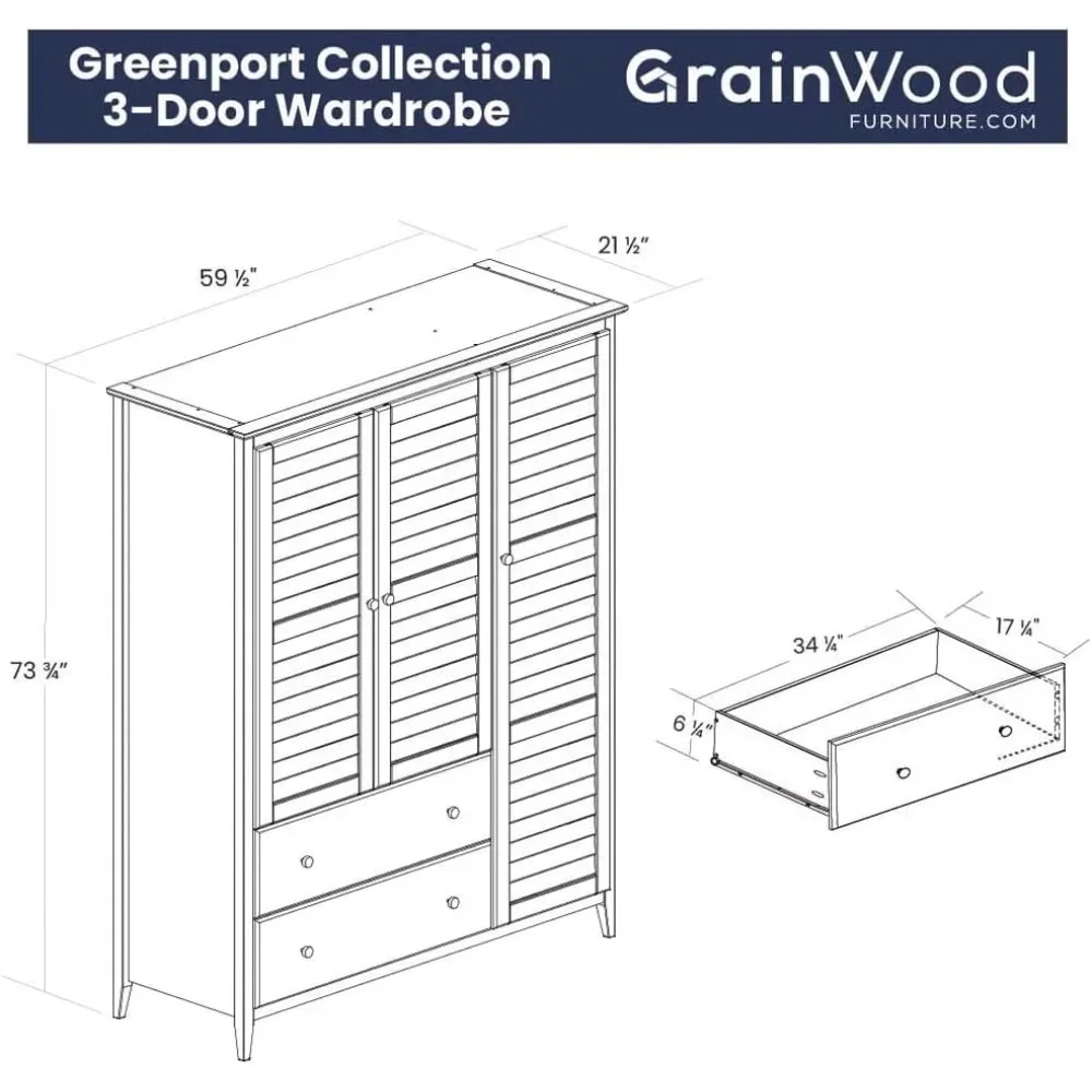 Greenport 3-Door Wardrobe, Brushed White