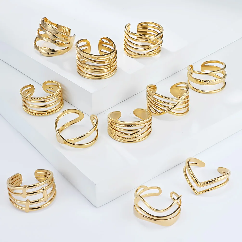 

10 pcs Waterproof Jewelry Rings Trendy Geometric Rings Stainless Steel Heart Opening Ring Sets for Women Wholesale