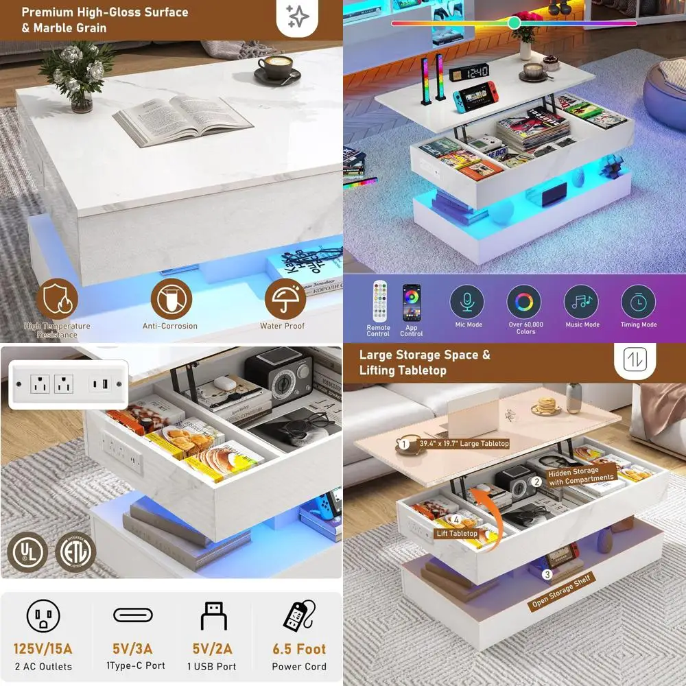 Modern White Coffee Table with Lift Top, LED Lighting, Charging Station, and Hidden Storage