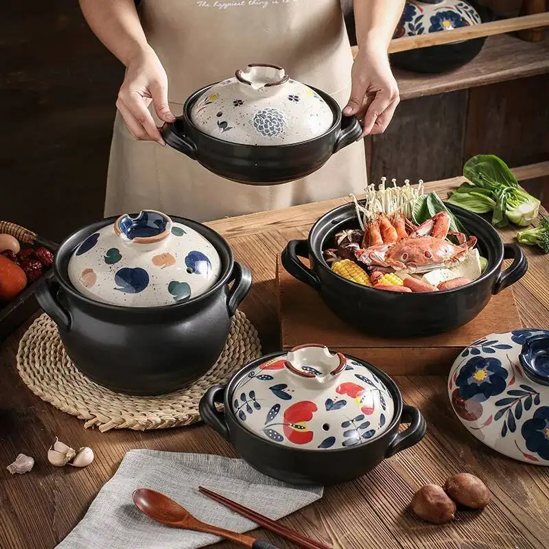 

1,5 л японская посуда в стиле ретро, кастрюля для тушения, керамический котел для приготовления супа, кастрюля с толстым дном, термостойкая кастрюля для супа с открытым огнем