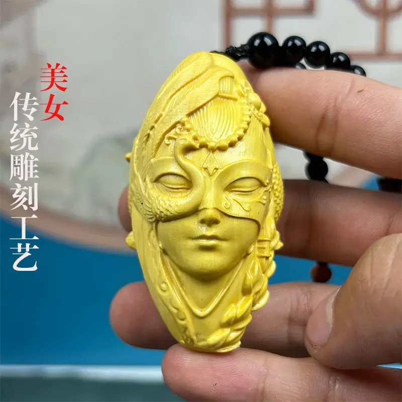 Boxwood Carving Handle Playing Piece Loulan Girl's Character Men's Portable Tray Playing Object Pendant Solid Wood Pendant