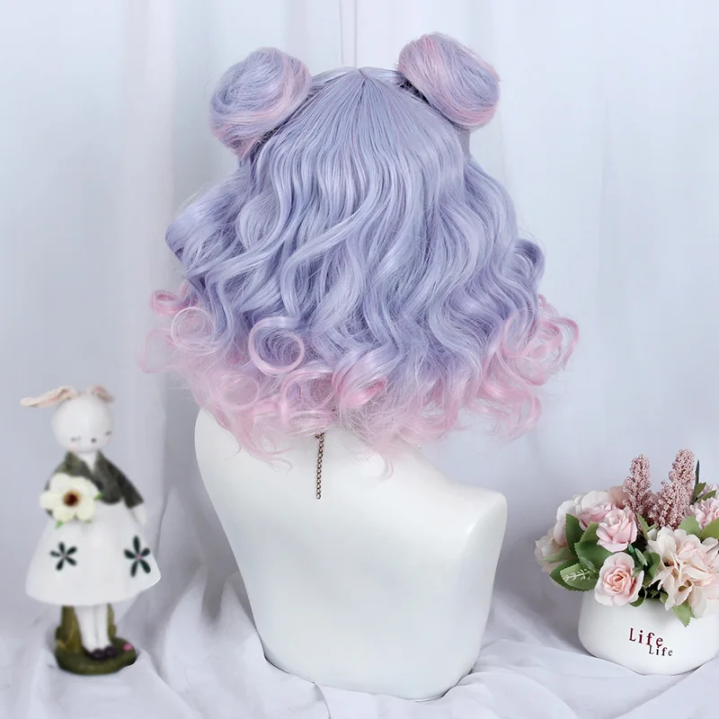 VICWIG-Peruca sintética encaracolada curta para mulheres, cabelo lolita diário com dois chignon, azul, roxo, rosa gradiente, cosplay de festa,