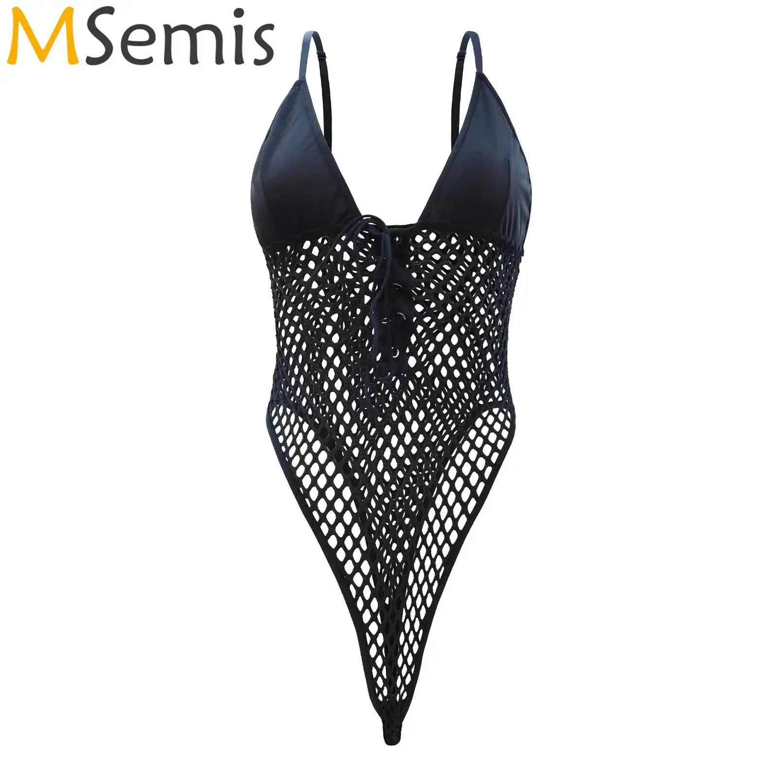 

Womens Sheer Mesh See Through Fishnet Bodysuit Swimsuit Backless High Cutting Leotard Jumpsuit One Piece Swimwear Bathing Suit