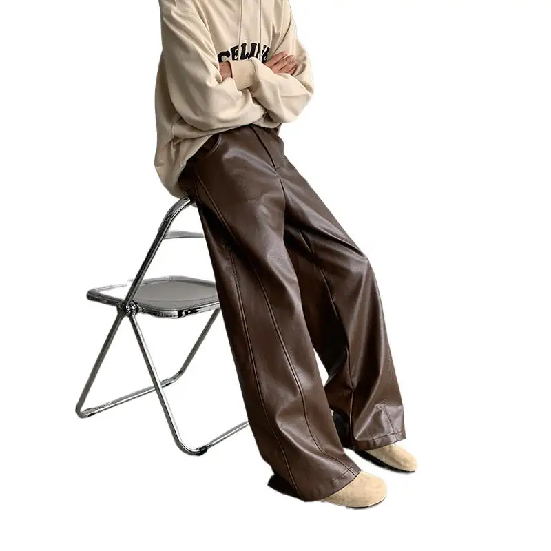 

PU Leather Pants Men 2025 Spring Men's Punk American Fashion Hip Hip Men Wide-leg Mopping Trousers Windproof Dark Brown/Black
