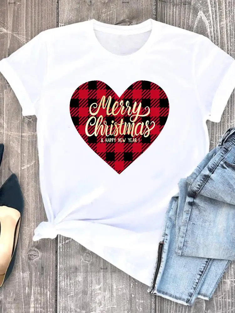 

Festival Love Heart Trend Print O-neck New Year Graphic T-shirt Christmas Women Clothes Fashion Lady Casual Female Shirt Tee