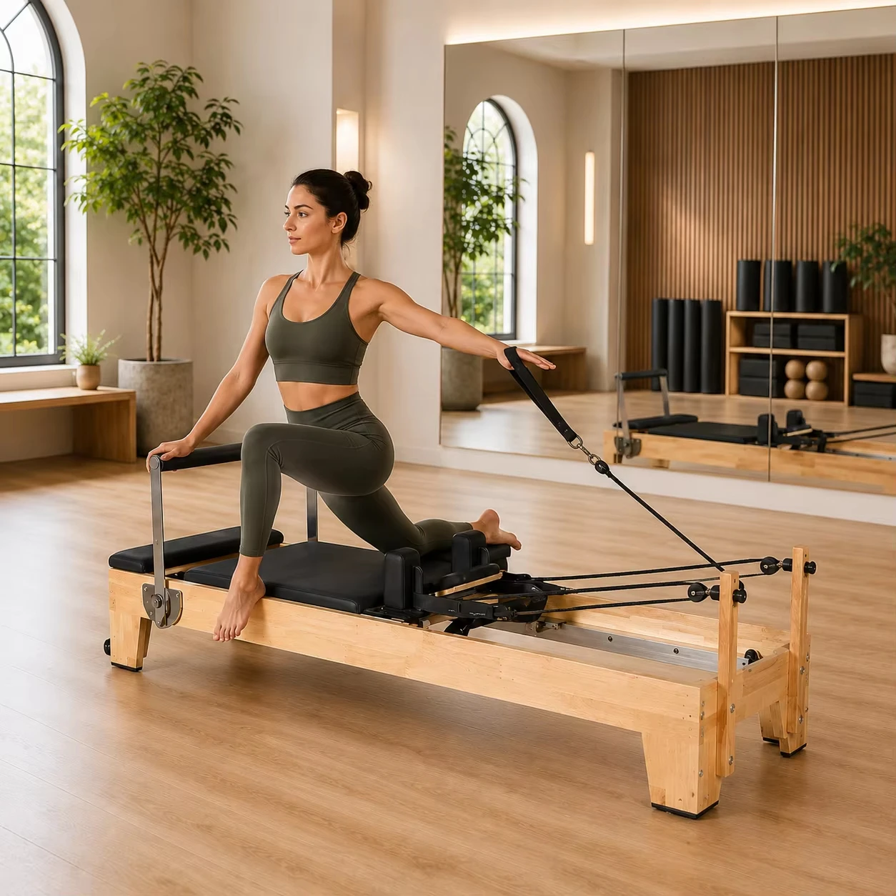 Oak Frame Pilates Reformer with Durable Hardware & Adjustable Rope System, Delivers Balanced Motion for Fitness Center