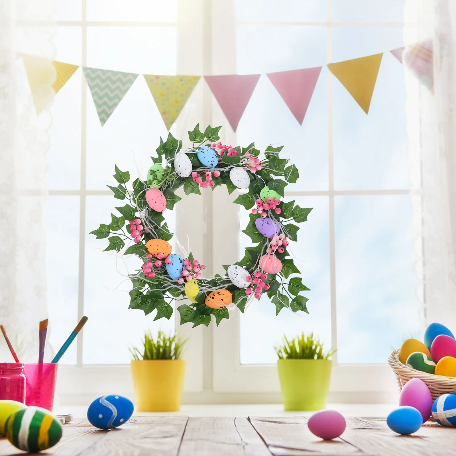 

Easter Bunny Wreath Door Hanger Decor Spring Ornament Hanging Egg Flower Decoration