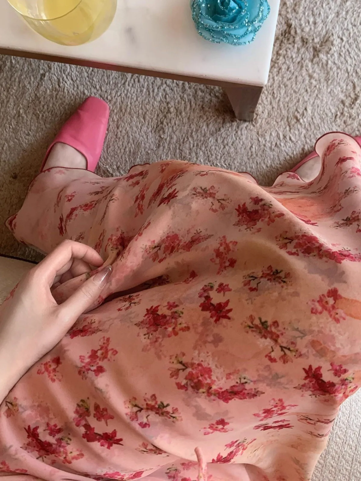 Sweetie Lychee Floral Print ter Dr Women's Summer New Waist Cinched Ruffle Skirt Ele High Waist Polyester Long Dr