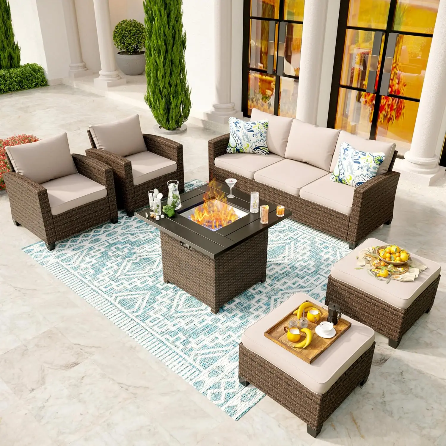 Patio Conversation Set Outdoor Furniture Brown Wicker Rattan Sets with Cushion Sectional Furniture