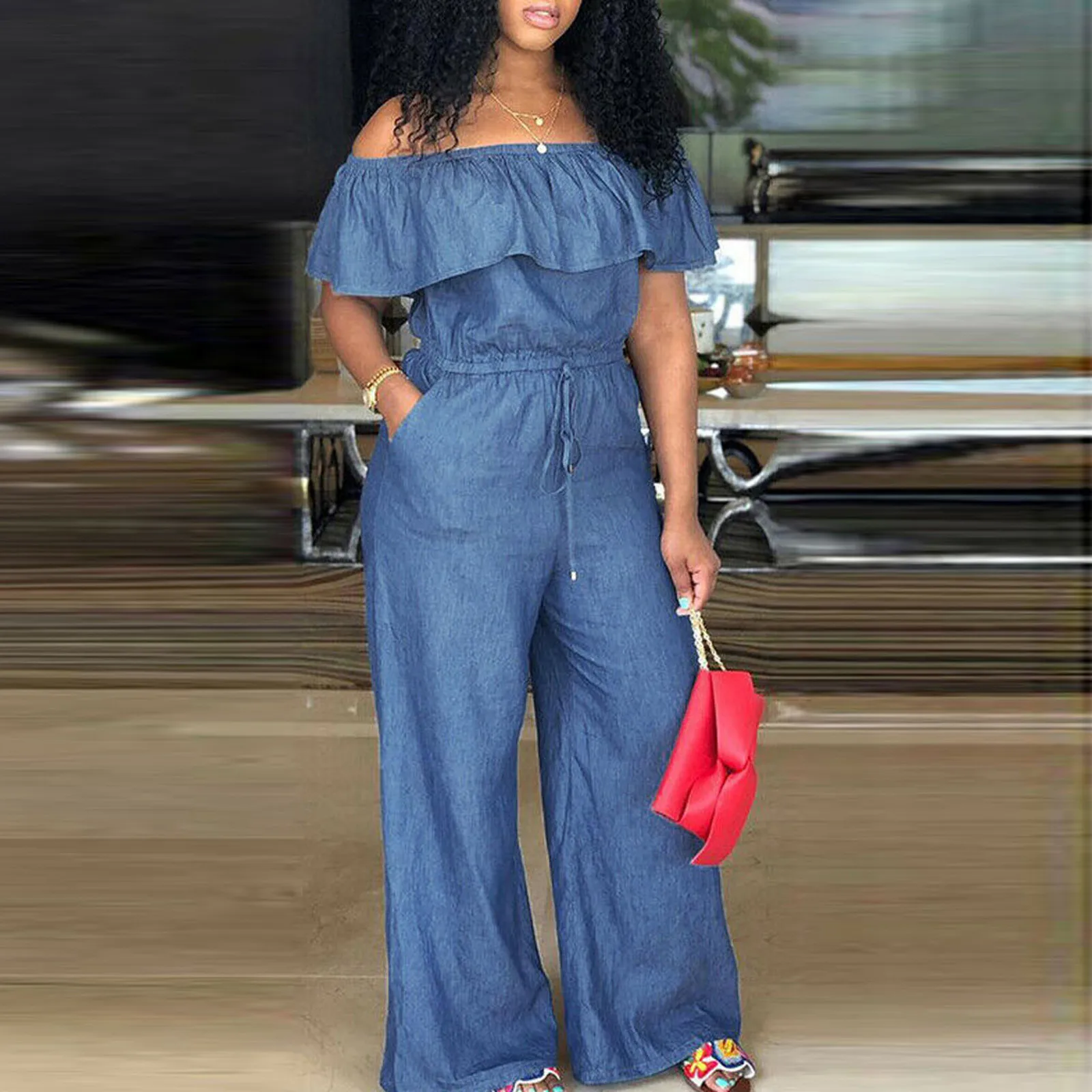 New Women Off Shoulder Denim Jeans Look Long Party Club Playsuits Jumpsuits S-XXL