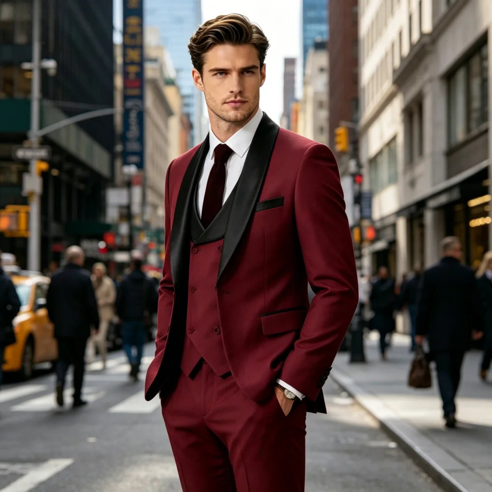 

Men's Classic 3-Piece Terno Blazer Set with Dark Blue Stripes Notch Lapel Formal Dress Suit Vest And Pants