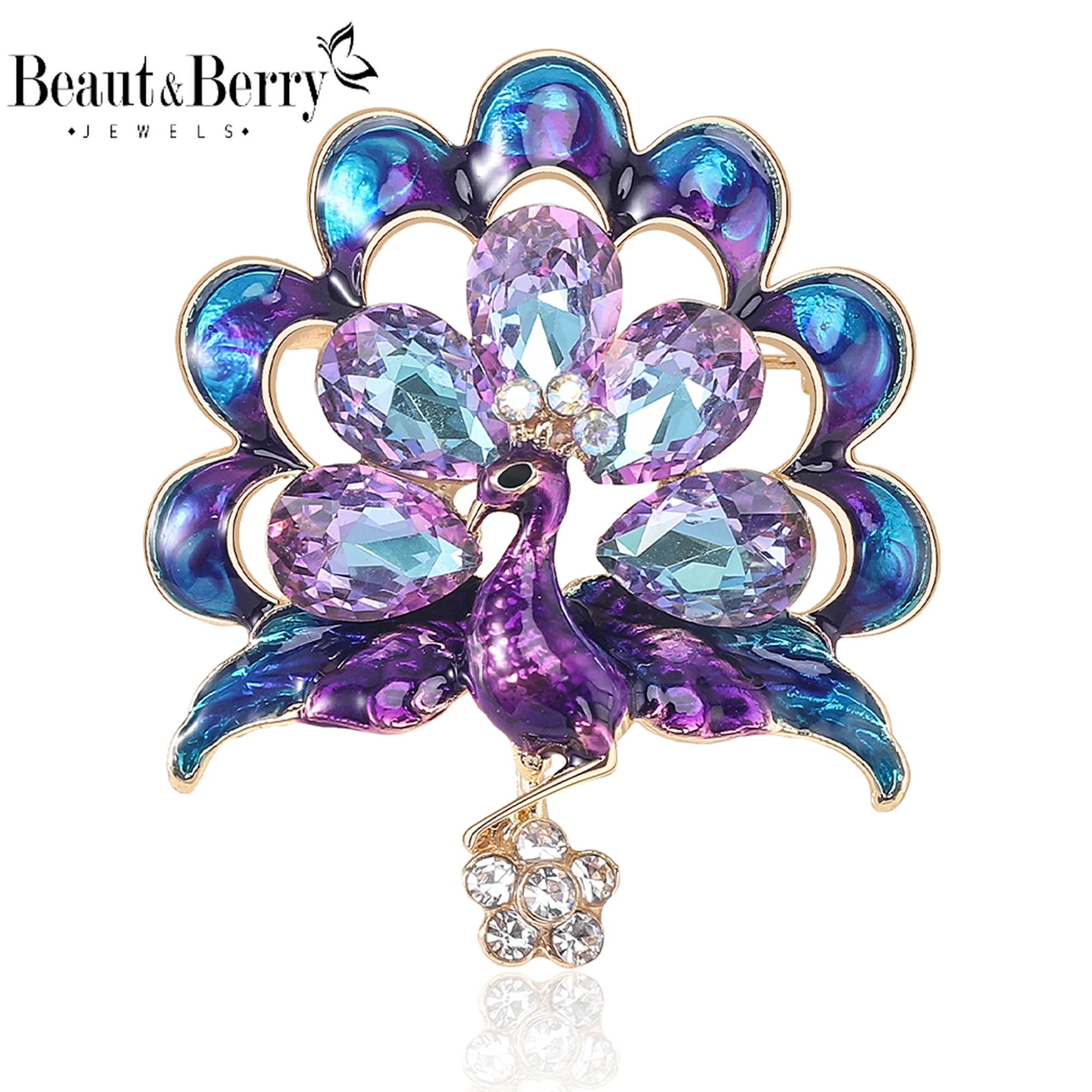 Beaut&Berry Classic Rhinestone Peacock Brooches for Women Animal Pins Casual Party Accessories New Gifts Friends Decoration